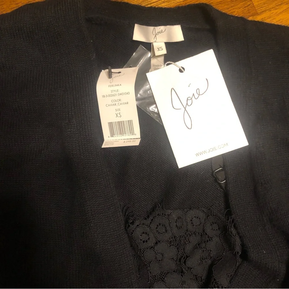 NWT $298 Joie Ferlinka Lace Insert Wrap Sweater Cardigan in Caviar - size XS!